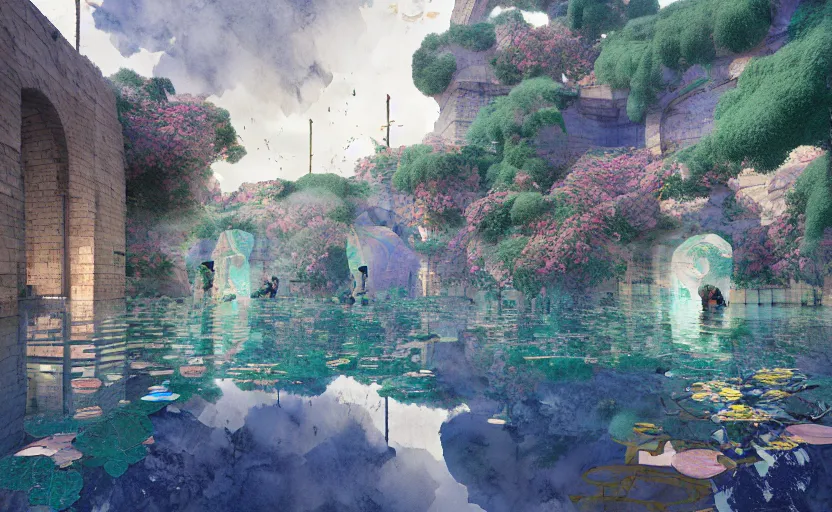 Image similar to tiled room squared waterway, aqueducts, fantasy. intricate, amazing composition, colorful watercolor, by ruan jia, by maxfield parrish, by marc simonetti, by hikari shimoda, by robert hubert, by zhang kechun, illustration, gloomy