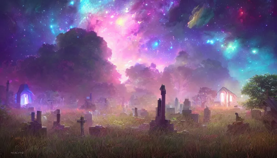 Image similar to A highly detailed digital art haunted graveyard at night, shimmering starry nebula sky by Studio Ghibli, Makoto Shinkai, by Artgerm, by beeple, volumetric lighting, octane render, 4K resolution, trending on artstation, masterpiece, vivid colours