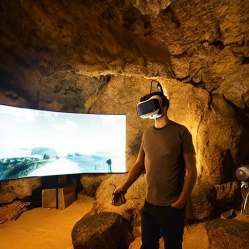 Image similar to a caveman with a vr virtual reality headset in a cave