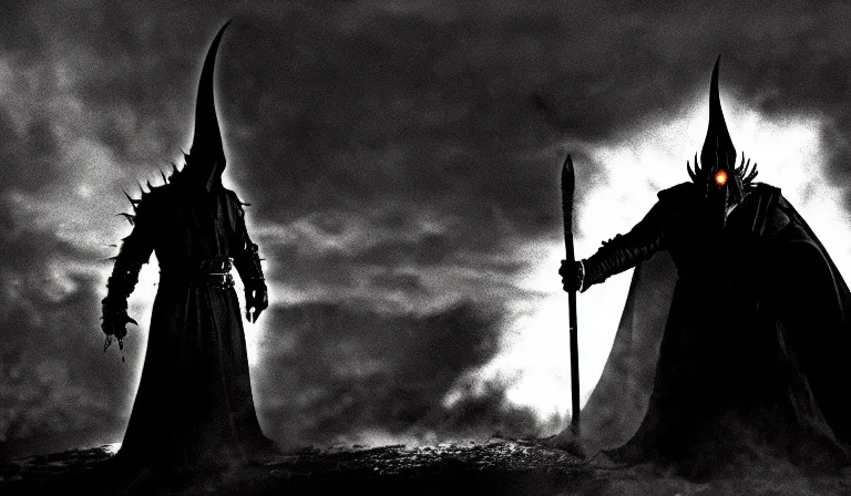 Prompt: the dark lord sauron, fire, in the style of akira kurosawa, cinematic, dramatic lighting, black and white, film grain