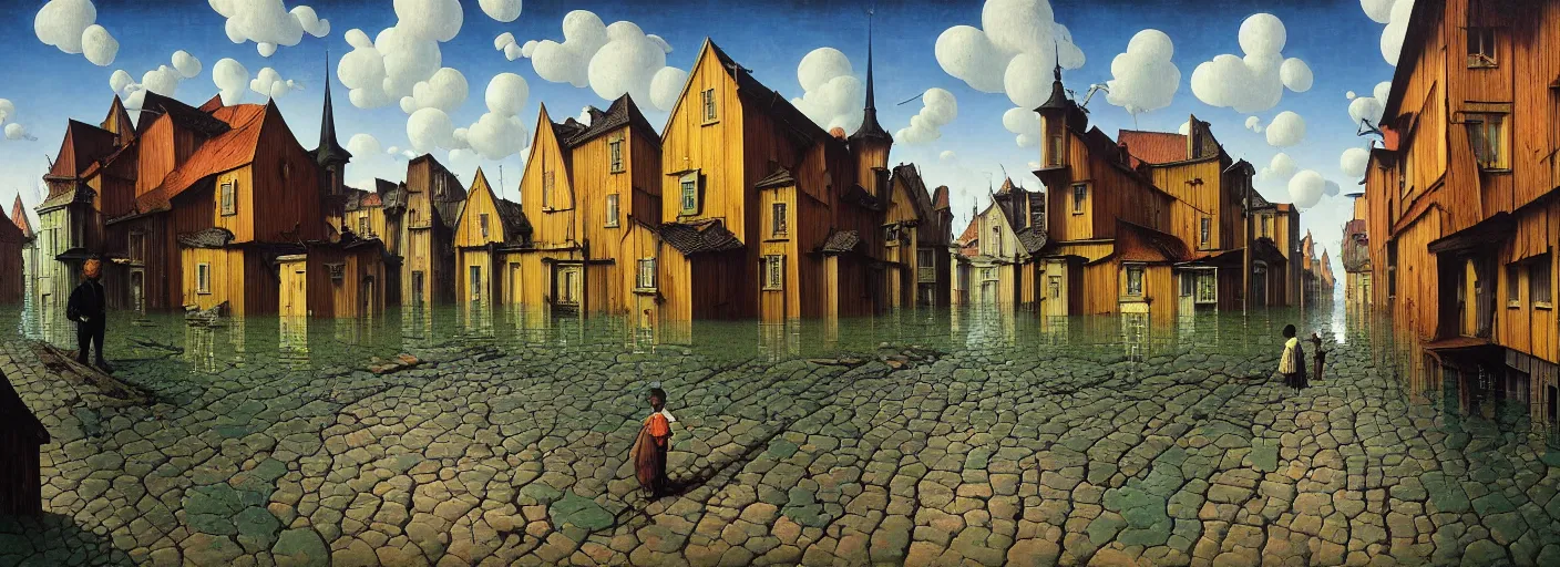 Image similar to flooded! old wooden empty cursed city street, very coherent and colorful high contrast masterpiece by gediminas pranckevicius rene magritte norman rockwell franz sedlacek, full - length view, dark shadows, sunny day, hard lighting, reference sheet white background