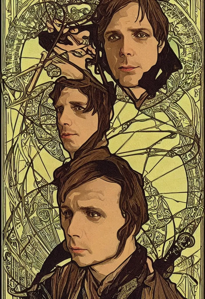 Image similar to Geoff Rickly on a tarot card, tarot major arcana in art style by Alphonse Mucha