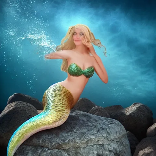 Prompt: fantasy mermaid on a rock with a wave behind her, beautiful, full body, realistic, face