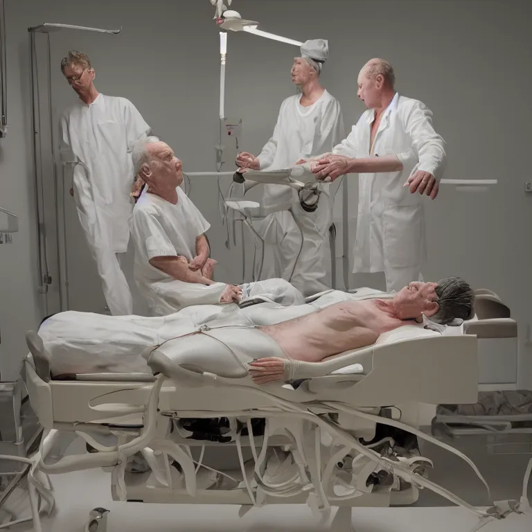 Prompt: male prisoner operating table theatre cage surgeons ron mueck and duane hanson and lee bontecou and giacometti greig fraser dune canon eos r 3 dramtic lighting cinematic lighting