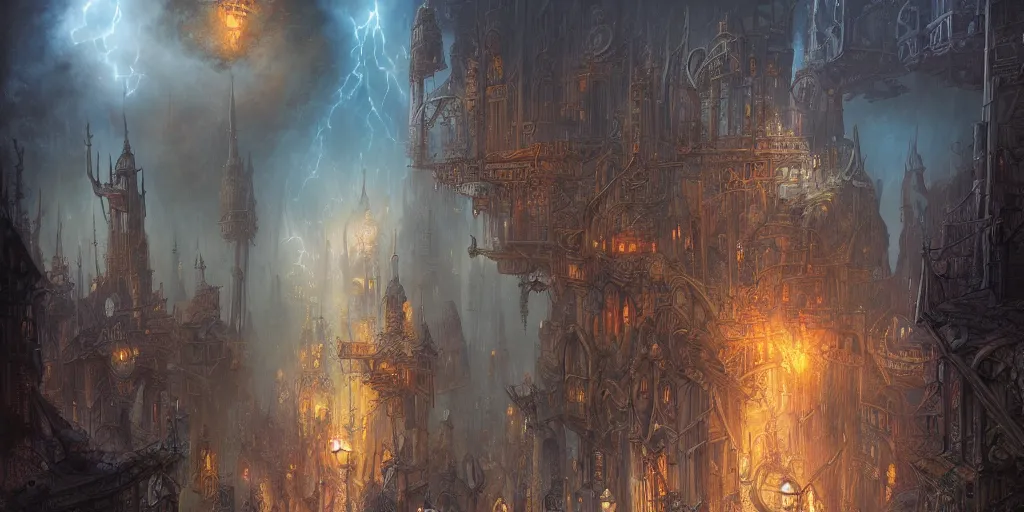 Prompt: a view from the otherworldly gothic streets of the planescape city of sigil, by tony diterlizzi and by brom's, crowded, beautiful digital painting, volumetric lightning, intricate details, by art germ, by greg rutkowski, vibrant deep colors, amazing fantasy art, clear sharp image, dehazed image