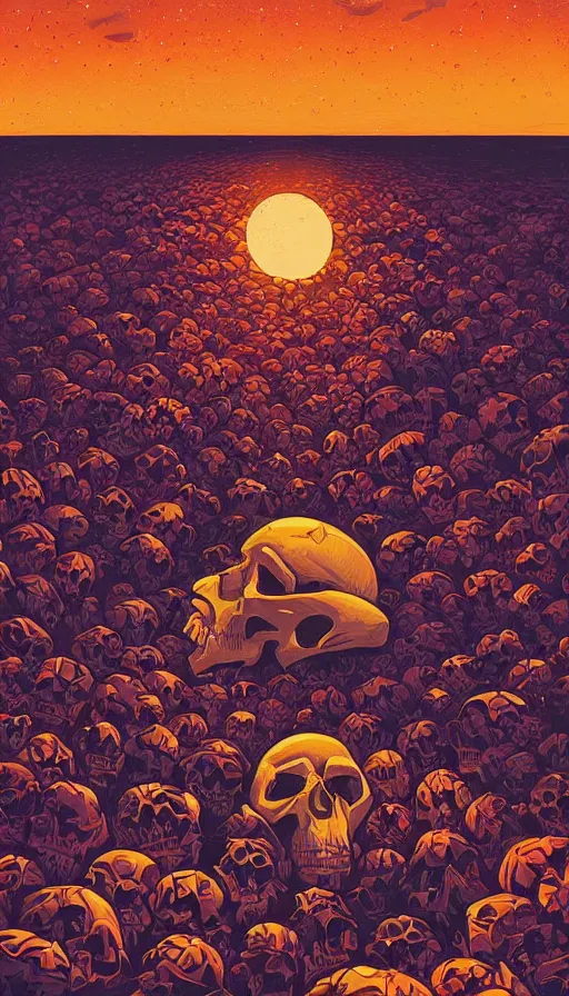 Prompt: The floral skulls under sunset starlit sky, italian futurism, Dan Mumford, da vinci, Josan Gonzalez