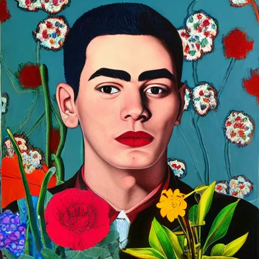 Image similar to detailed oil painting of matgot robbie in detail with flowers by james jean, by andy warhol, by frida kahlo