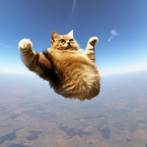 Prompt: real photo of fat angry cat skydiving