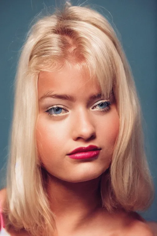 Prompt: a beautiful blonde girl in the 8 0's, portrait shot 8 5 mm