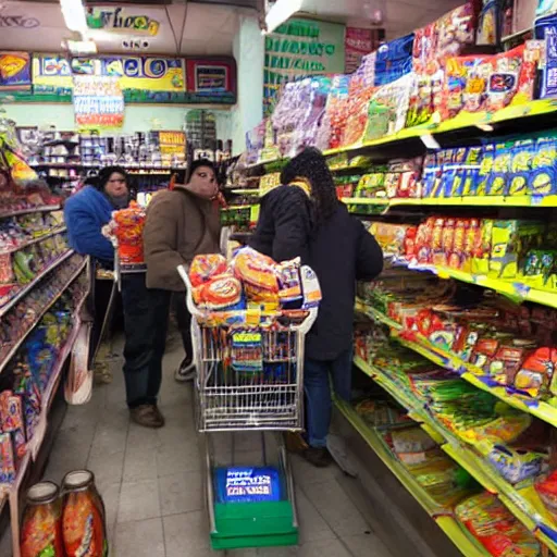 Image similar to crowded bodega filled with groceries, produce, cans, soda, lottery tickets, people and cigarettes with Hispanic customers and workers.