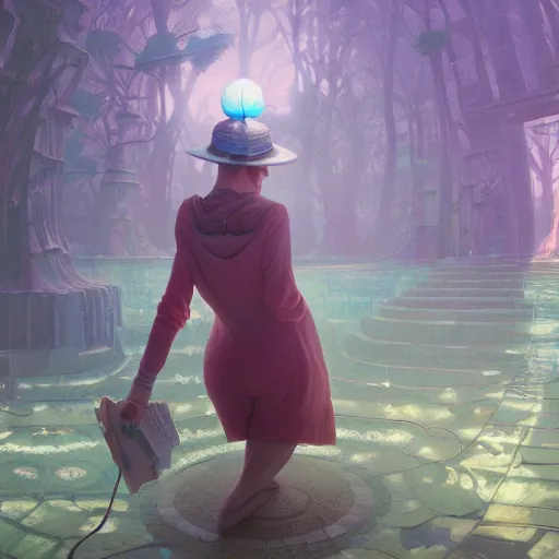 Image similar to highly detailed surreal vfx a beatproducer with a white cap, stephen bliss, unreal engine, greg rutkowski, loish, rhads, beeple, makoto shinkai and lois van baarle, ilya kuvshinov, rossdraws, tom bagshaw, alphonse mucha, global illumination, detailed and intricate environment