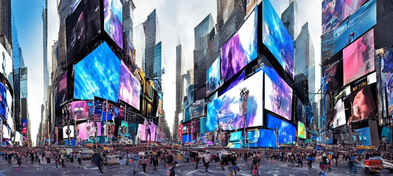 Prompt: The tesseract vortex portal to another dimension opens up in the middle of Times Square in New York city. Photorealistic.