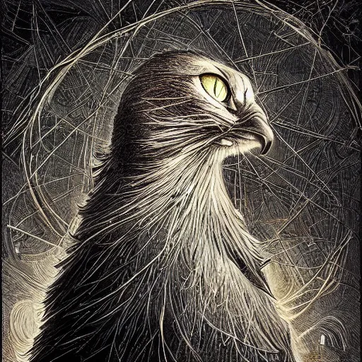 Image similar to a simple crow-like cat painting by Android Jones and M. C. Escher collaboration, futurist, digital art, dramatic lighting