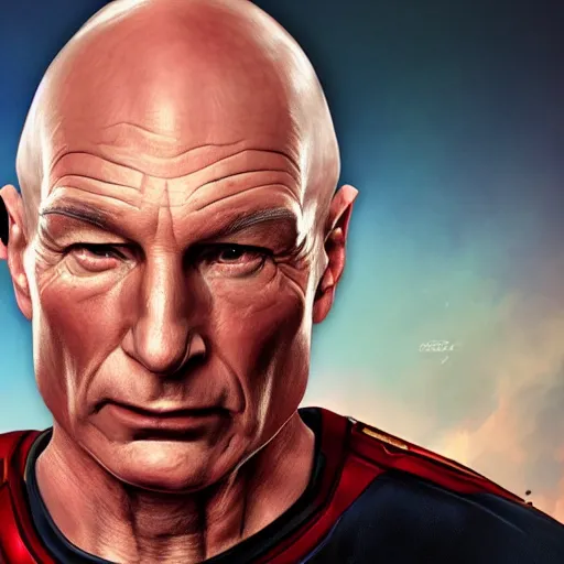 Prompt: a hyper real comic book style portait painting of captain picard with long blond hair, unreal 5, hyperrealistic, octane render, cosplay, rpg portrait, dynamic lighting