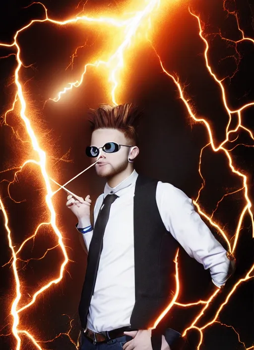 Prompt: photorealistic young man with red spiked long hair, using googles. Wearing black waistcoat, white shirt. dynamic lightning.