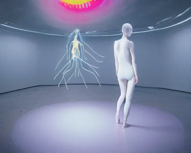 Prompt: a transforming model wearing futuristic bodysuit doing poses on a rotating platform in a photography studio surrounded by lights by james jean and luc tuymans and beeple and hernan bas and pat steir and hilma af klint, psychological, 3 d, dripping paint, high quality render, masterpiece