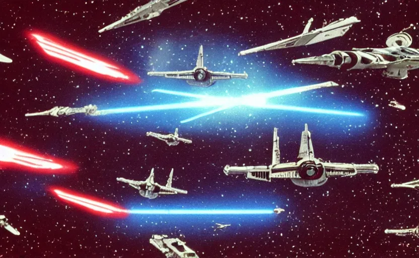 Image similar to iconic cinematic screen shot of fleet of x wing star fighters from the 1 9 8 0 s star wars sci fi film by stanley kubrick, optical glowing lasers, volumetric light, full of detail, 4 k uhd, kodak film stock, anamorphic lenses 2 4 mm, lens flare, iconic cinematography, award winning