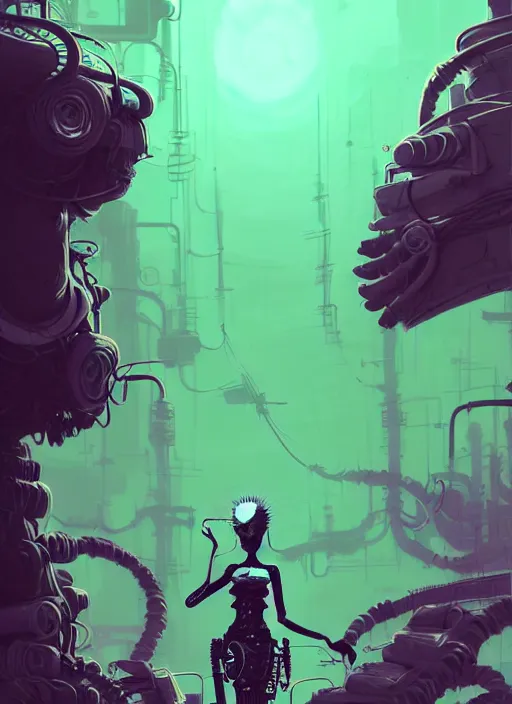 Image similar to highly detailed portrait of a beautiful wasteland punk long dripping green poison hair tribal lady, stray wiring by atey ghailan, james gilleard, by joe fenton, by greg rutkowski, by greg tocchini, by kaethe butcher, 4 k resolution, gradient purple, brown black and white color scheme!!! ( ( green flaming robotic sewer background ) )