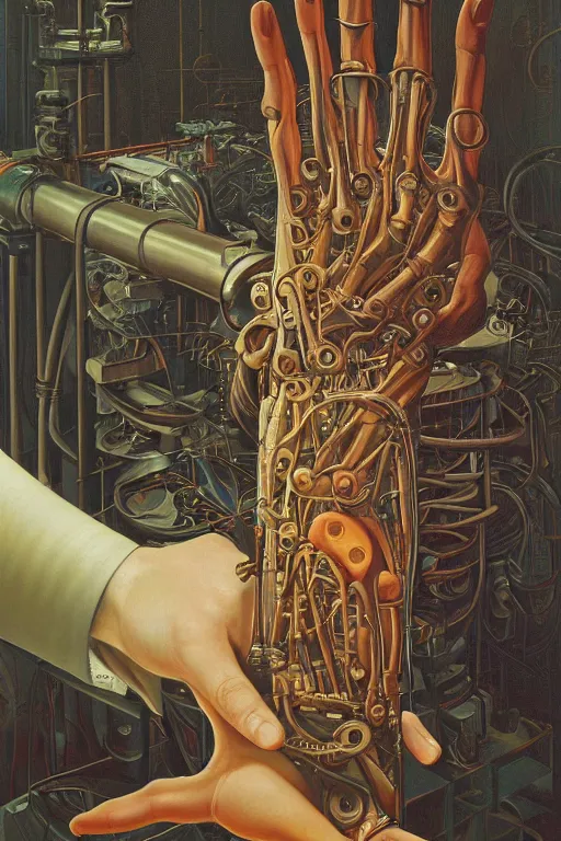 Prompt: beautiful oil painting of biomechanical hand reaching to face connected to the machine by casey weldon, wayne thiebaud, wayne barlowe, rembrandt, complex, stunning, realistic skin color, 4 k, high res, awardwinning, masterpiece, realistic lighting