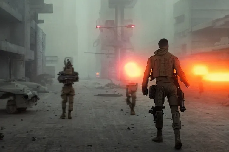 Image similar to vfx film, blade runner 2 0 4 9 futuristic soldiers shoot at enemy robots futuristic war, battlefield, war zone, shootout, dilapidated city ruins, running, shooting, explosion, battlefront, leaping, flat color profile low - key lighting award winning photography arri alexa cinematography, big crowd, hyper real photorealistic cinematic beautiful, atmospheric cool colorgrade