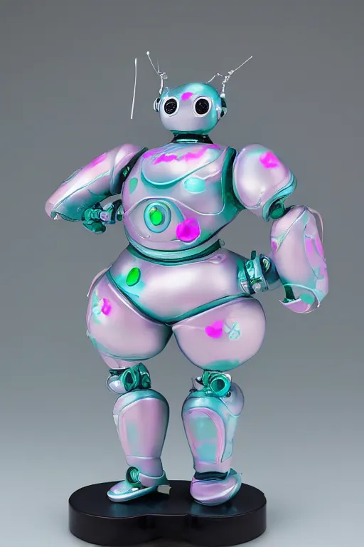 Image similar to a fat bubbly super detailed anime figurine with fluo color detail, and muted arm colors, that looks like a robot, decorated by plastic synthetic ionized metal flower sculptures