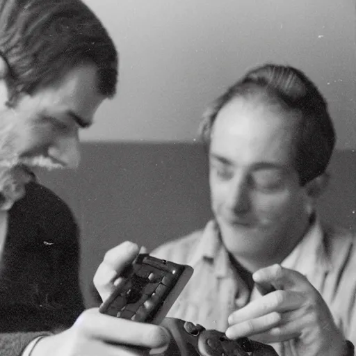 Prompt: a photograph of two men from the 1 2 th century playing on a handheld console