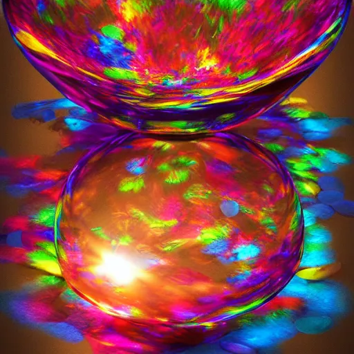 Prompt: glass art bowl, colorful glass art, caustics, beautiful lighting, museum piece, style of flavie audi, 3 d rendering, octane rendering, highly detailed, epic