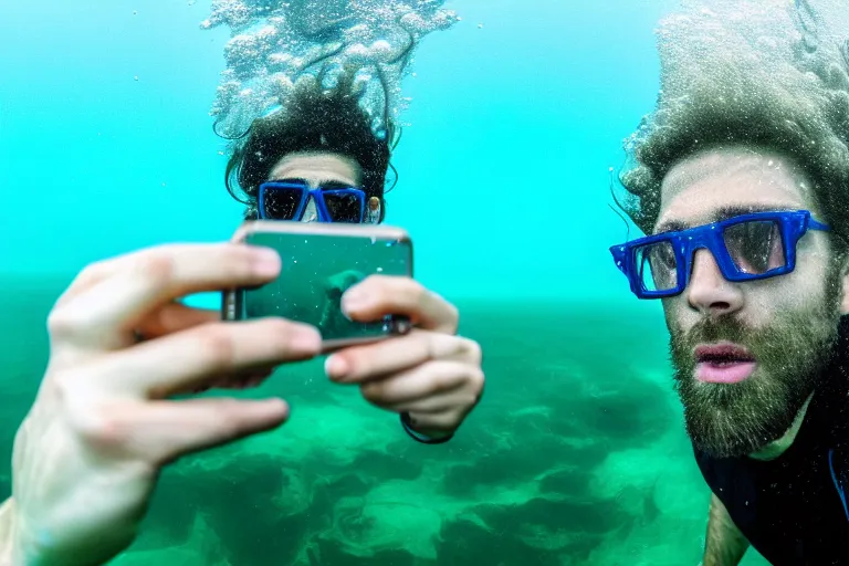 Prompt: high quality 4 k resolution go pro photo of storm god poseidon taking a selfie of himself underwater look king confused holding his trident