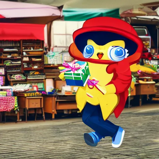 Image similar to hyperrealistic photo of the Snappy Gifts mascot delivering gifts in a flea market