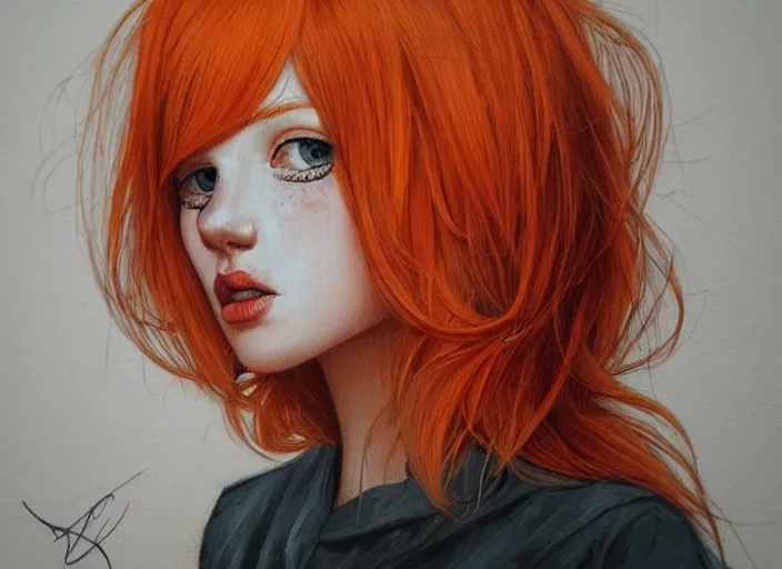 Image similar to portrait Girl with orange hair and freckles, cute-fine-face, pretty face, realistic shaded Perfect face, fine details. realistic shaded lighting by Loish