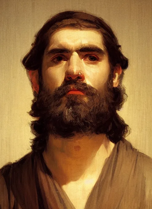 Prompt: close up portrait of an ancient greek, by ilya kuvshinov, by thomas lawrence, by bayard wu, symmetrical