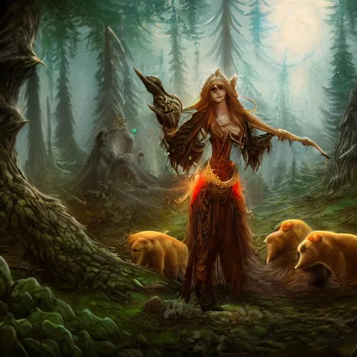 Image similar to elven druid summoning bears in the forest, diablo 2 inspired, trending on artstation, ultra fine detailed, hyper detailed, hd, concept art, digital painting