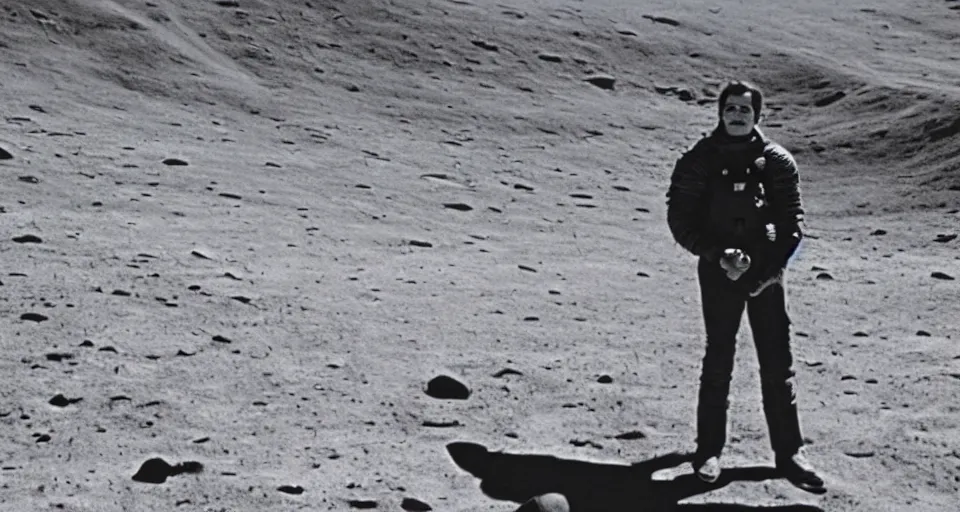 Prompt: a 1960s portrait photo of Stanley Kubrick on a movie set of the moon surface, 8K HD, old photo, highly detailed