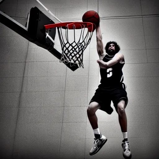 Prompt: caparezza dunking a basketball, phone photo, outside, small basketball field, daylight, artistic composition, realistic