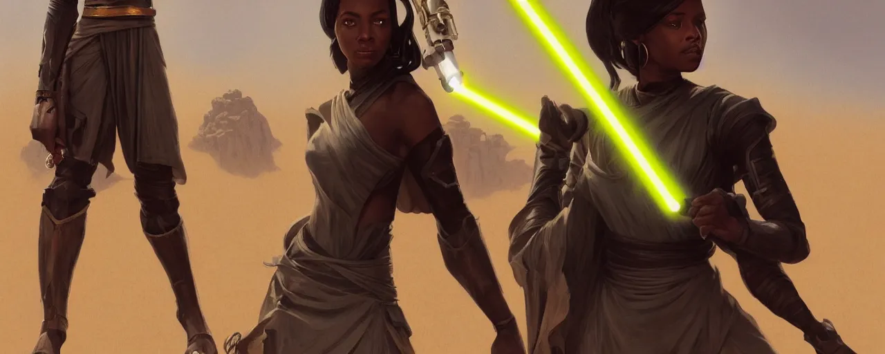 Prompt: A black female jedi with a yellow lightsaber in her hand, in the background is a desert village, intricate, elegant, highly detailed, digital painting, artstation, concept art, smooth, sharp focus, illustration, art by artgerm and greg rutkowski and alphonse mucha