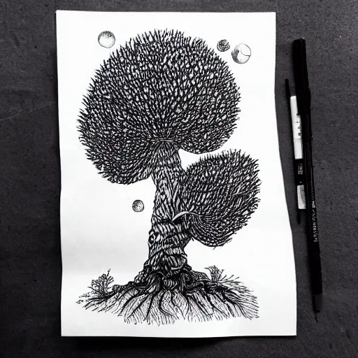 Image similar to black and white ink doodle illustration of an ancient tree floating in outer space, overgrown with funghi, style by peter deligdisch, peterdraws