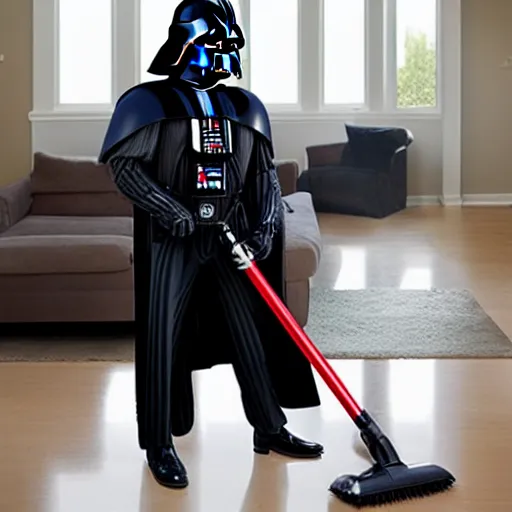 Image similar to Darth Vader vacuuming the house, photo realistic, award-winning, highly-detailed