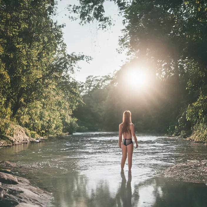 Image similar to a woman, standing in a river, backlit, wearing shorts, backlit, photo by Marat Safin, Canon EOS R3, f/1.4, ISO 200, 1/160s, 8K, RAW, unedited, symmetrical balance, in-frame