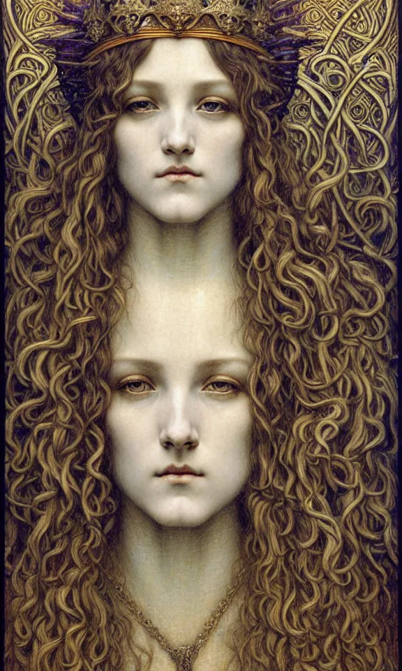 Image similar to detailed realistic beautiful young medieval queen face portrait by jean delville, gustave dore and marco mazzoni, art nouveau, symbolist, visionary, gothic, pre - raphaelite. horizontal symmetry