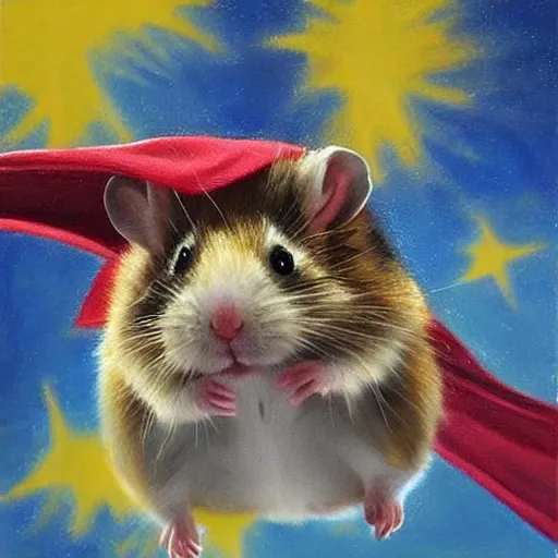 Prompt: a hyper realistic oil painting of a hamster dressed as a superhero and flying through the sky