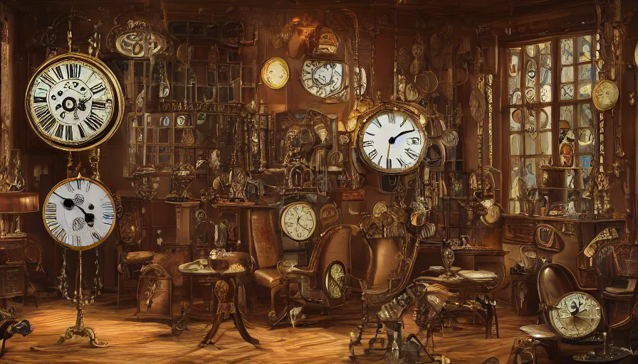 Image similar to a circular common room full of antique clocks, high detail, steampunk, fantasy, mechanical, 4 k, trending on artstation