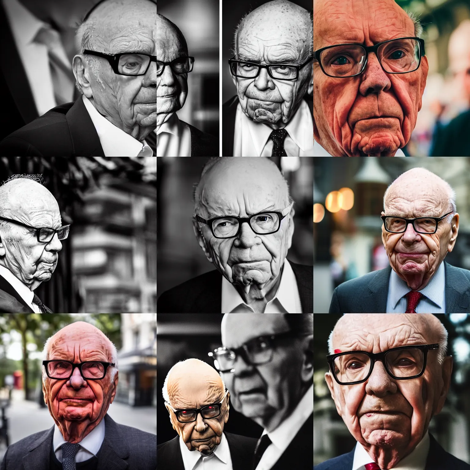 Prompt: The Devil with the face of Rupert Murdoch and the head of Rupert Murdoch, portrait photography, depth of field, bokeh