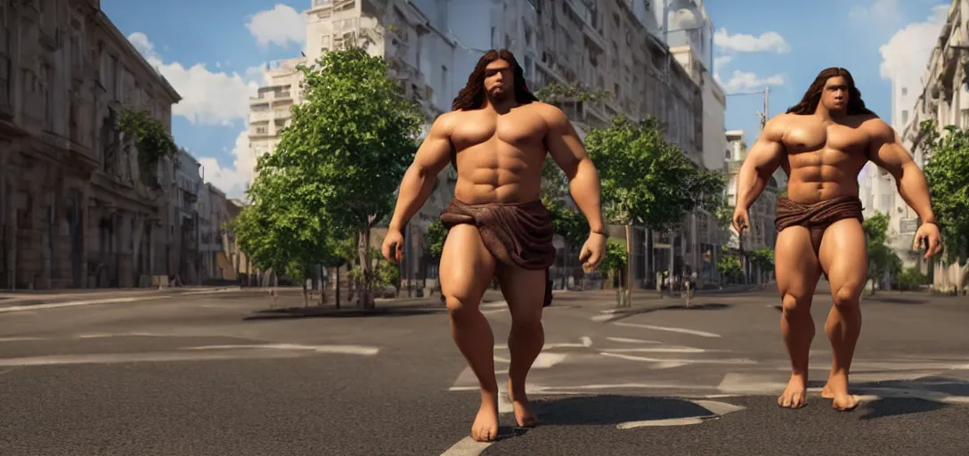 Prompt: Big muscular guy with long hair posing as a greek god in the middle of the street, hyperrealistic, super realistic, realistic, 3d, 3-dimensional, octane render