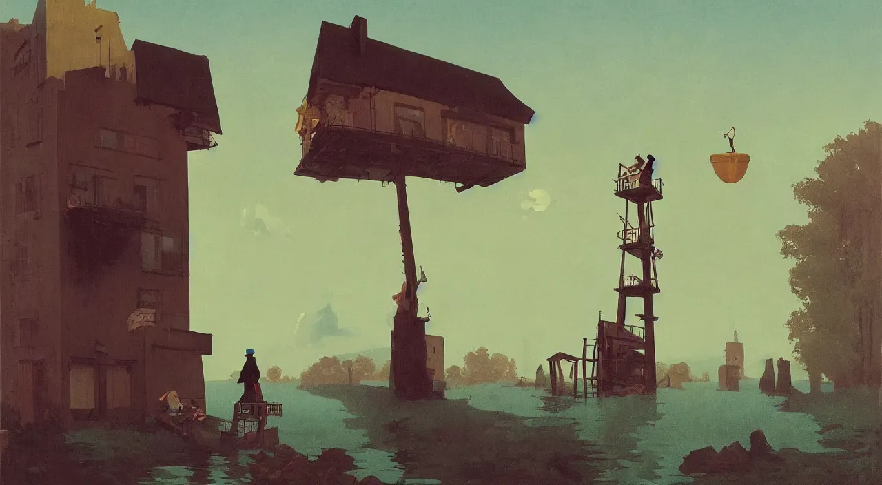 Image similar to single flooded simple falling leaning weird strange odd wooden tower, very coherent and colorful high contrast!! masterpiece by rene magritte simon stalenhag carl spitzweg syd mead norman rockwell edward hopper james gilleard, minimalist, dark shadows, sunny day, hard lighting