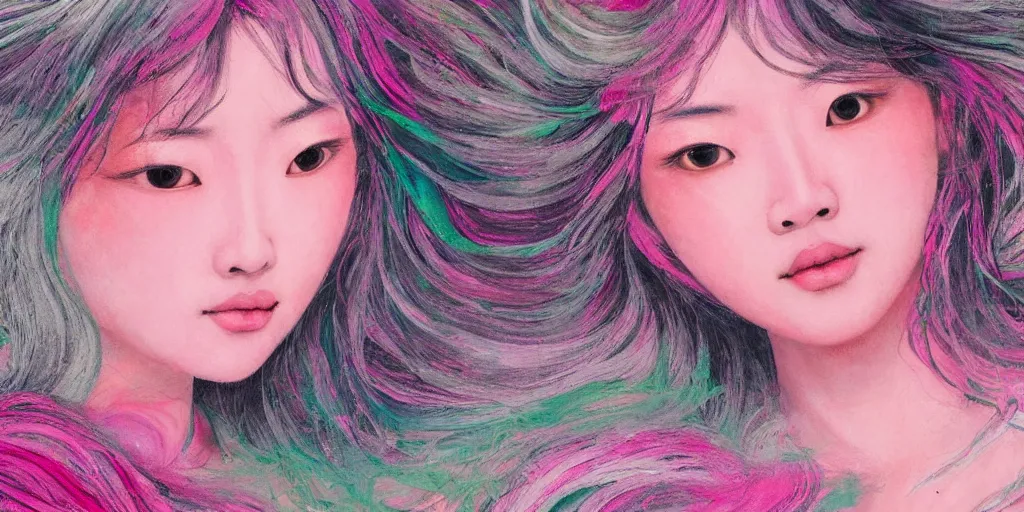 Image similar to a portrait of a very beautiful young asian goddess with pink and grey hair radiating an artwork made of swirling paint and impasto, sleepy eyes by wlop and botticelli, background is multicoloured volumetric displacement, hyperrealism, 8 k