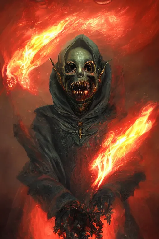 Image similar to face closeup covered of a ghoul necromancer, damned soul, hellfire, diamonds, jewels, 3 d render, hyper - realistic detailed portrait, holding fire and electricity rainbow, ruan jia, wlop. scifi, fantasy, magic the gathering, hyper detailed, concept art, peter mohrbacher