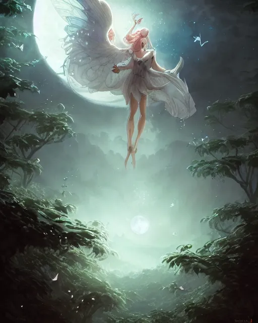 Image similar to attractive fairy goddness fly high in the night, d & d, fantasy, mist, full moon in background, trees, hyper detailed, art by artgerm and greg rutkowski and magali villeneuve, midium shot, 8 k realistic, cryengine, digital painting, trending on artstation, concept art, sharp focus, illustration,