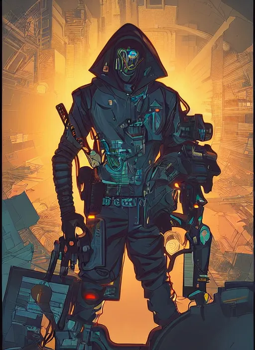 Prompt: the jackel. cyberpunk assassin with scenic background. portrait illustration, pop art, art by ashley wood, alphonse mucha, laurie greasley and josan gonzalez. cinematic. dynamic lighting. realistic proportions. creative design. cel shading, clean aesthetic