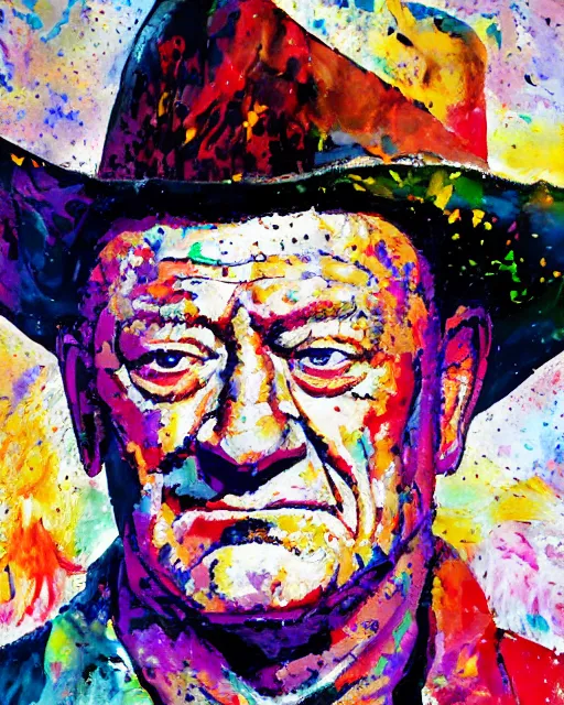 Prompt: abstracted John Wayne painted in extremely thick, glistening impasto splatter paint, in muted colors, in impressionist style of 3689002859