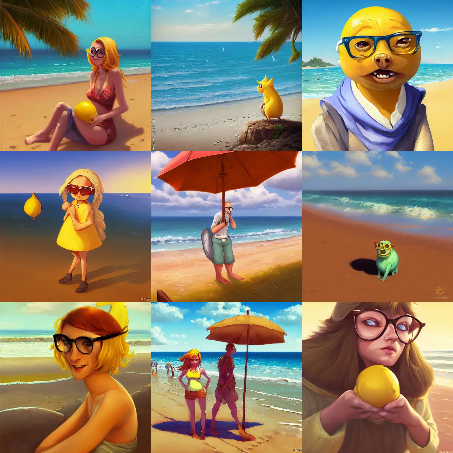 Prompt: lemon wearing glasses on the beach by Andreas Rocha